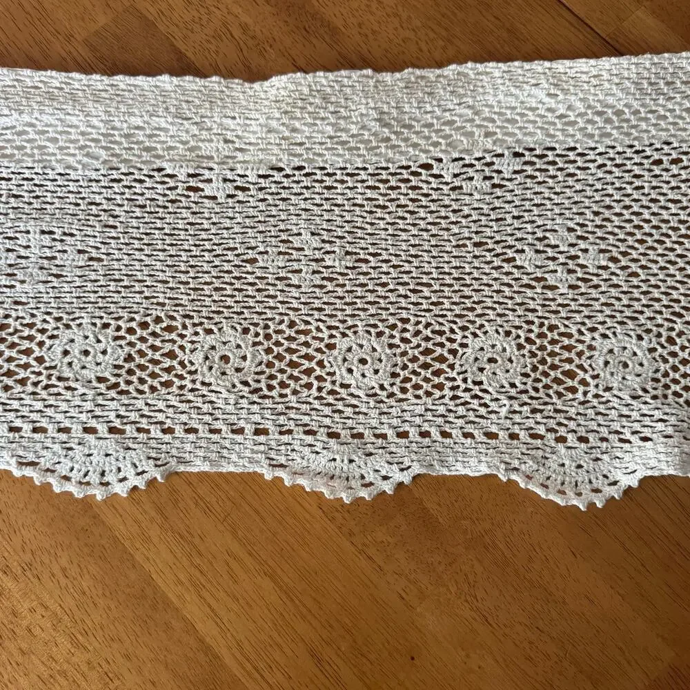 Pair Crochet Cotton Valances 10x56 Scallops Medallions Cottage Country Farmhouse
